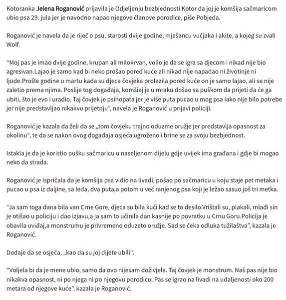 Montenegro-avmp/Kotoranki-Jeleni-Roganovic-komsija-sacmaricom-ubio-psa-Wolfa---CdM