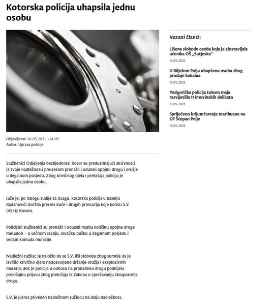 Montenegro-avmp/Kotorska-policija-uhapsila-jednu-osobu