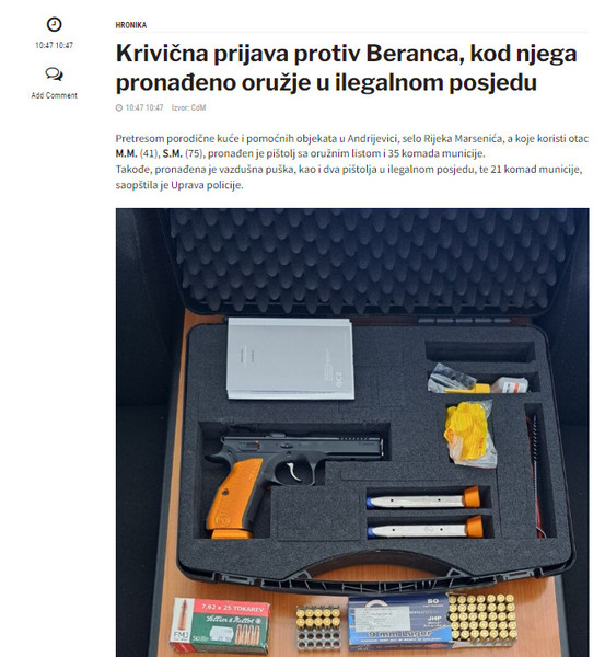 Montenegro-avmp/Krivicna-prijava-protiv-Beranca-kod-njega-pronadeno-oruzje-u-ilegalnom-pos_1