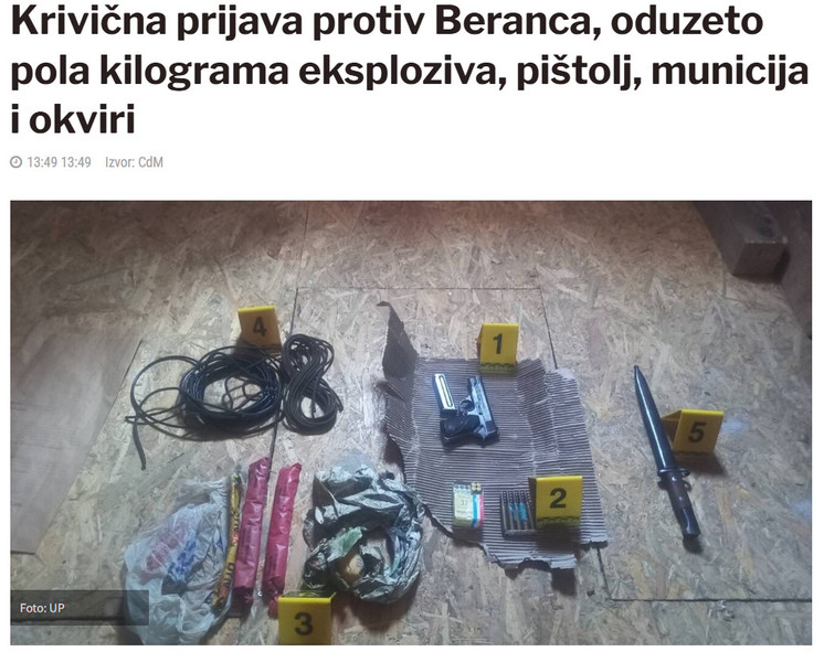 Montenegro-avmp/Krivicna-prijava-protiv-Beranca-oduzeto-pola-kilograma-eksploziva-pistolj-municija-i-okviri_1