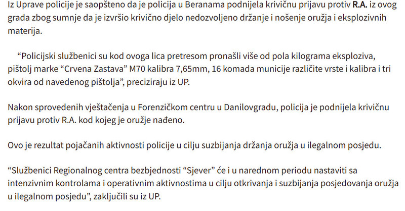 Montenegro-avmp/Krivicna-prijava-protiv-Beranca-oduzeto-pola-kilograma-eksploziva-pistolj-municija-i-okviri