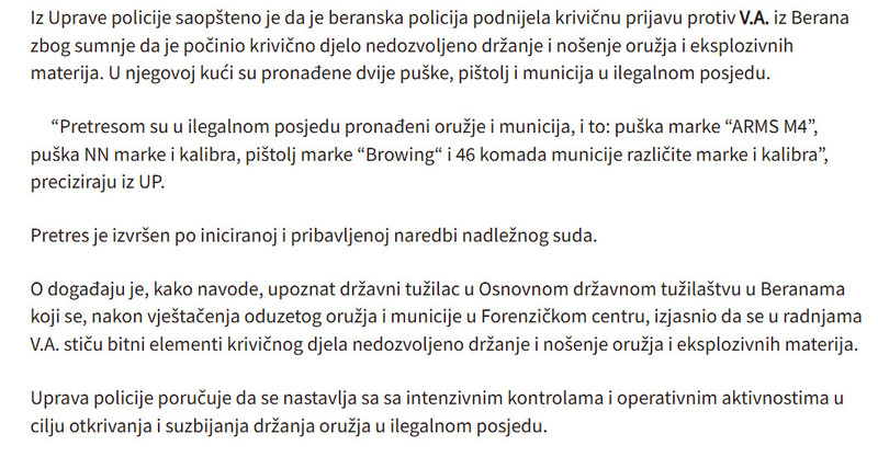 Montenegro-avmp/Krivicna-prijava-protiv-Beranca-pronadene-dvije-puske-pistolj-i-municija