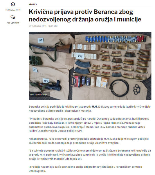 Montenegro-avmp/Krivicna-prijava-protiv-Beranca-zbog-nedozvoljenog-drzanja-oruzja-i-munici