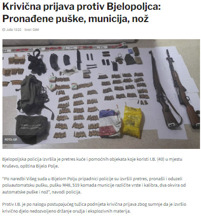 Montenegro-avmp/Krivicna-prijava-protiv-Bjelopoljca-Pronadene-puske-municija-noz