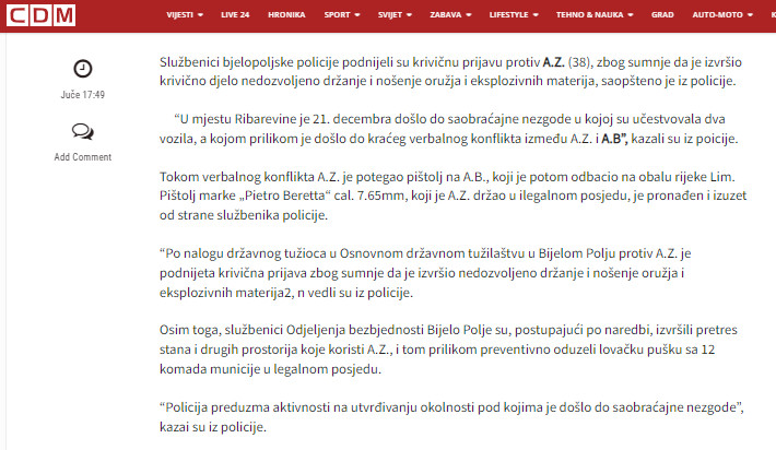 Montenegro-avmp/Krivicna-prijava-protiv-Bjelopoljca_-Nakon-saobracajke-potegao-pistolj-u-