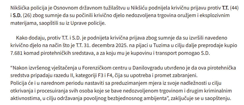 Montenegro-avmp/Krivicna-prijava-protiv-dvije-osobe-zbog-ilegalne-prodaje-pirotehnike-u-Tuzima