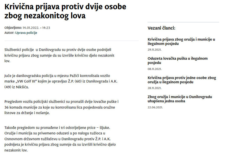 Montenegro-avmp/Krivicna-prijava-protiv-dvije-osobe-zbog-nezakonitog-lova