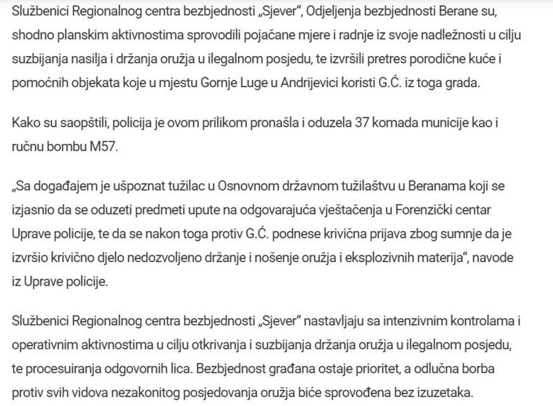 Montenegro-avmp/Krivicna-prijava-protiv-jedne-osobe-Policija-u-Andrijevici-pretresom-pronasla-rucnu-bombu-i-municiju_1