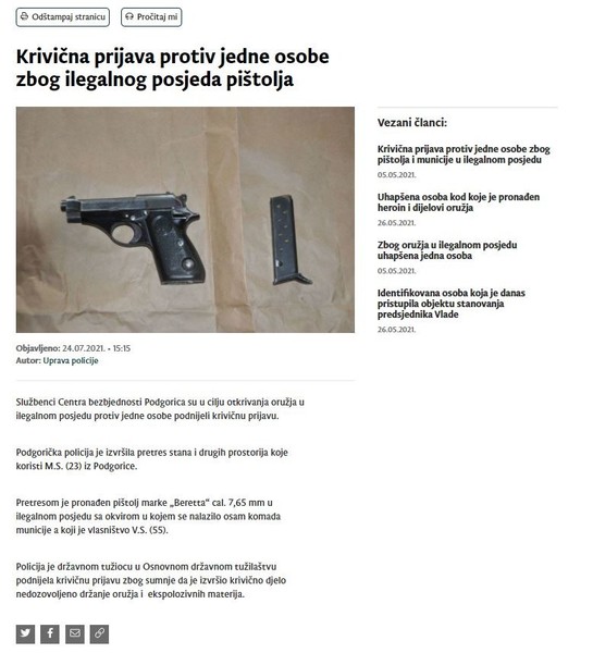Montenegro-avmp/Krivicna-prijava-protiv-jedne-osobe-zbog-ilegalnog-posjeda-pistolja