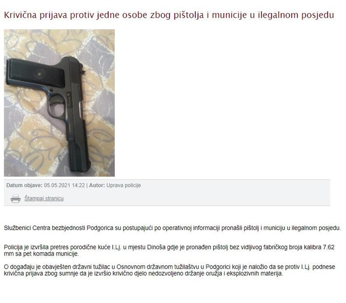 Montenegro-avmp/Krivicna-prijava-protiv-jedne-osobe-zbog-pistolja-i-municije-u-ilegalnom-p