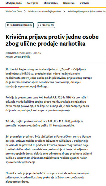 Montenegro-avmp/Krivicna-prijava-protiv-jedne-osobe-zbog-ulicne-prodaje-narkotika