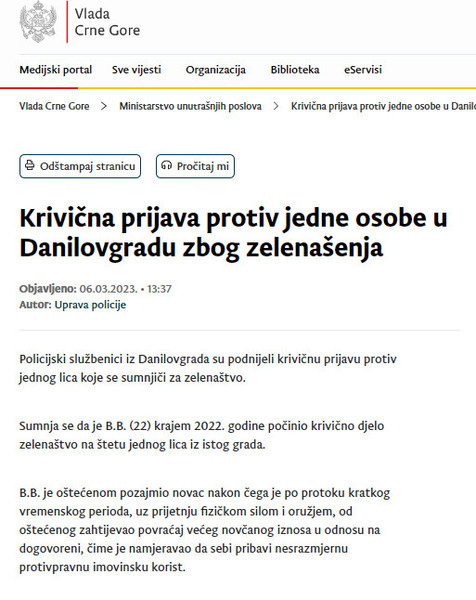 Montenegro-avmp/Krivicna-prijava-protiv-jedne-osobe