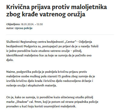 Montenegro-avmp/Krivicna-prijava-protiv-maloljetnika-zbog-krade-vatrenog-oruzja