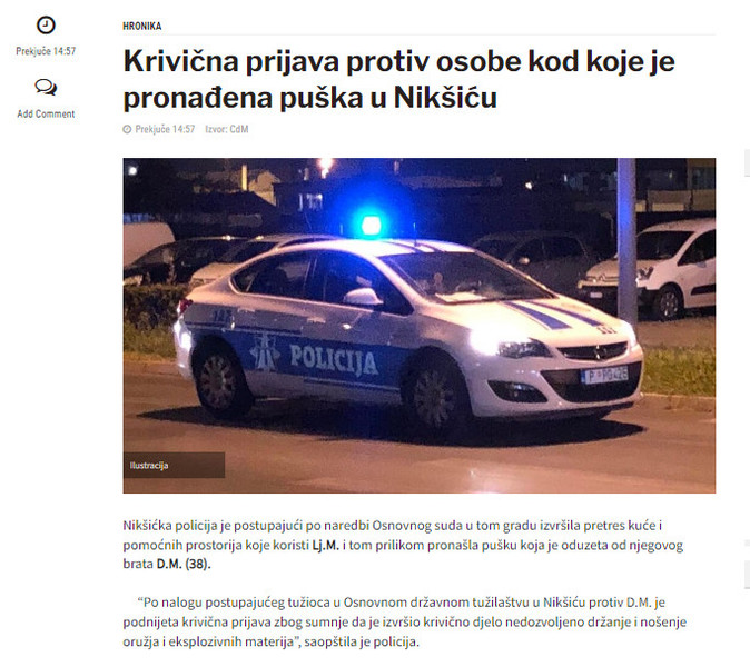 Montenegro-avmp/Krivicna-prijava-protiv-osobe-kod-koje-je-pronadena-puska-u-Niksicu---CdM