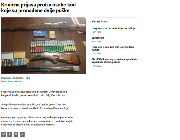 Montenegro-avmp/Krivicna-prijava-protiv-osobe-kod-koje-su-pronadene-dvije-puske