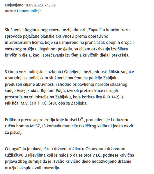 Montenegro-avmp/Krivicna-prijava-zbog-bombe-i-municije-u-ilegalnom-posjedu-protiv-jedne-o