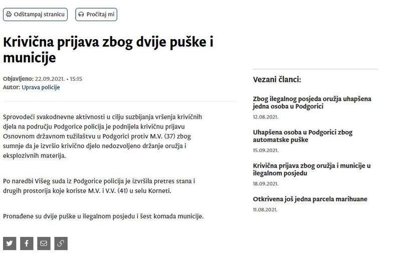Montenegro-avmp/Krivicna-prijava-zbog-dvije-puske-i-municije