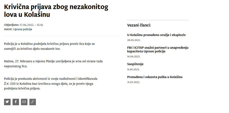 Montenegro-avmp/Krivicna-prijava-zbog-nezakonitog-lova-u-Kolasinu