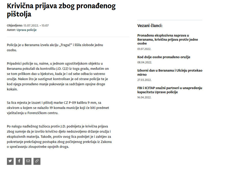 Montenegro-avmp/Krivicna-prijava-zbog-pronadenog-pistolja
