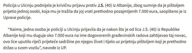 Montenegro-avmp/Krivicna-protiv-drzavljanina-Albanije-zbog-sumnje-da-je-prijetio-pistoljem_1