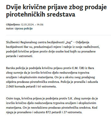 Montenegro-avmp/Krivicne-prijave-zbog-prodaje-pirotehnickih-sredstava