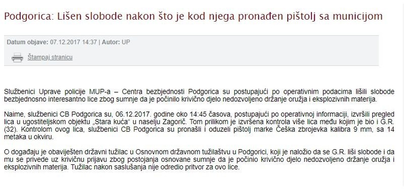 Montenegro-avmp/Lisen-slobode-nakon-sto-je-kod-njega-pronaden-pistolj-sa-municijom
