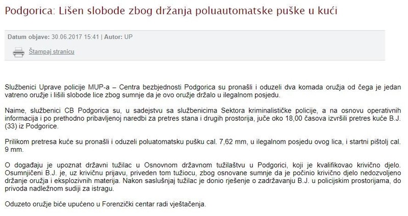 Montenegro-avmp/Lisen-slobode-zbog-drzanja-poluautomatske-puske-u-kuci