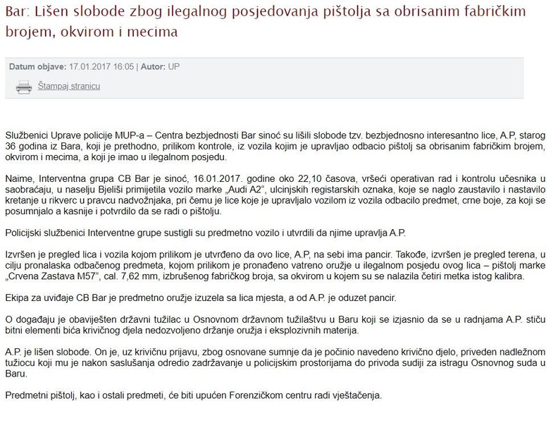 Montenegro-avmp/Lisen-slobode-zbog-ilegalnog-posjedovanja-pistolja-sa-obrisanim-fabrickim-
