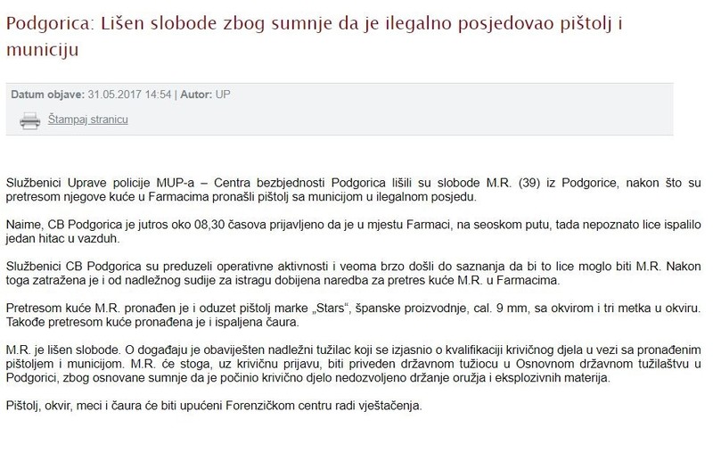 Montenegro-avmp/Lisen-slobode-zbog-sumnje-da-je-ilegalno-posjedovao-pistolj-i-municiju