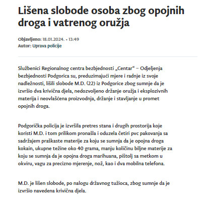 Montenegro-avmp/Lisena-slobode-osoba-zbog-opojnih-droga-i-vatrenog-oruzja