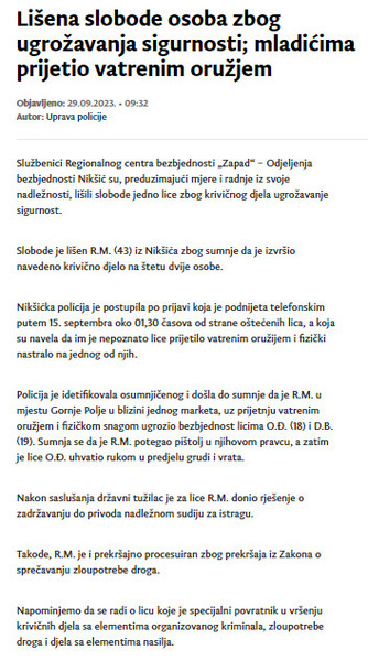 Montenegro-avmp/Lisena-slobode-osoba-zbog-ugrozavanja-sigurnosti-mladicima-prijetio-vatre