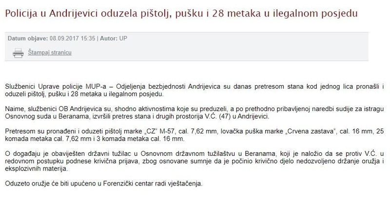 Montenegro-avmp/MUP_Policija-u-Andrijevici-oduzela-pistolj-pusku-i-28-metaka-u-ilegalnom-p