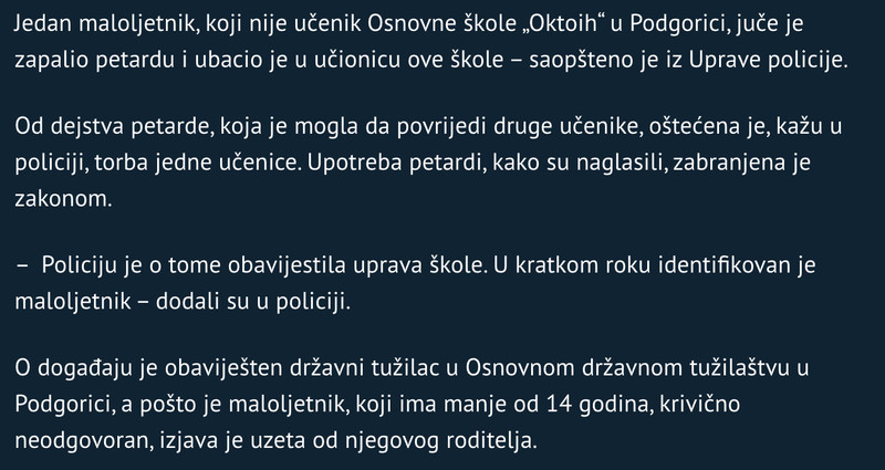 Montenegro-avmp/Maloljetnik-ubacio-petardu-u-ucionicu-OS-Oktoih-policija-identifikuje-ko-s