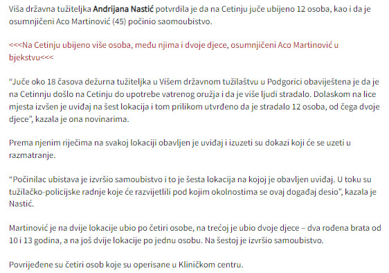 Montenegro-avmp/Martinovic-na-pet-lokacija-ubio-12-osoba