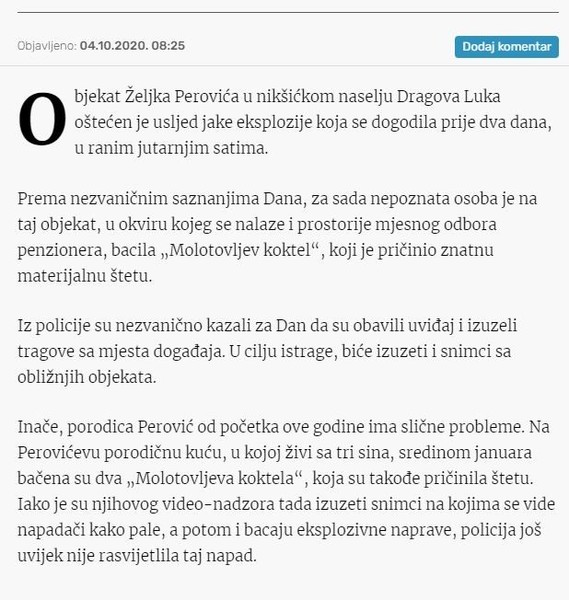 Montenegro-avmp/Molotovljev-koktel-bacen-na-porodicni-objekat-u-Niksicu