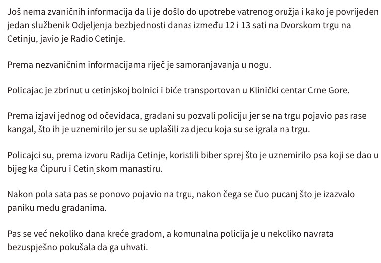 Montenegro-avmp/Na-Cetinju-povrijeden-policajac-kada-je-pokusao-da-obuzda-psa---CdM