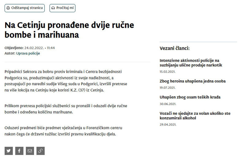 Montenegro-avmp/Na-Cetinju-pronadene-dvije-rucne-bombe-i-marihuana