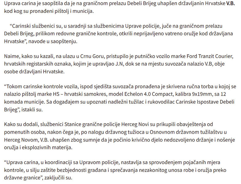 Montenegro-avmp/Na-Debelom-Brijegu-uhapsen-drzavljanin-Hrvatske-oduzeti-pistolj-i-municija