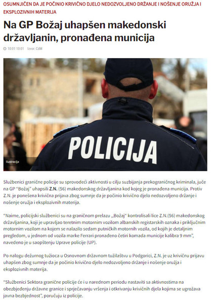 Montenegro-avmp/Na-GP-Bozaj-uhapsen-makedonski-drzavljanin-pronadena-municija