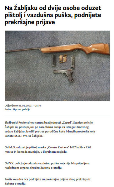 Montenegro-avmp/Na-Zabljaku-od-dvije-osobe-oduzet-pistolj-i-vazdusna-puska-podnijete-prek