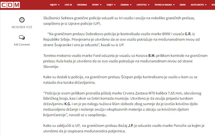 Montenegro-avmp/Na-granicnim-prelazima-oduzeta-tri-vozila-uhapsena-jedna-osoba-kod-koje-je