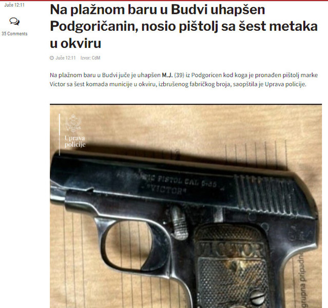 Montenegro-avmp/Na-plaznom-baru-u-Budvi-uhapsen-Podgoricanin-nosio-pistolj-sa-sest-metaka-