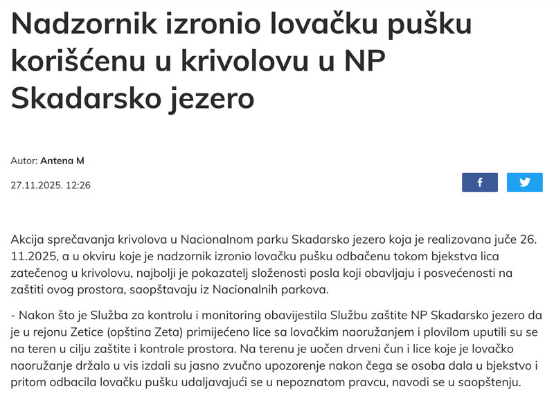 Montenegro-avmp/Nadzornik-izronio-lovacku-pusku-koriscenu-u-krivolovu-u-NP-Skadarsko-jezer
