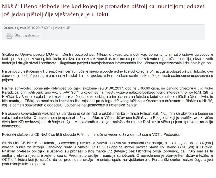 Montenegro-avmp/Niksic--Liseno-slobode-lice-kod-kojeg-je-pronaden-pistolj-sa-municijom-odu