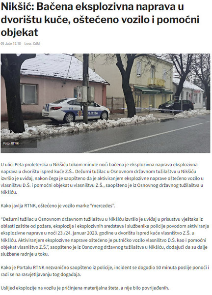 Montenegro-avmp/Niksic-Bacena-eksplozivna-naprava-u-dvoristu-kuce-osteceno-vozilo-i-pomocn