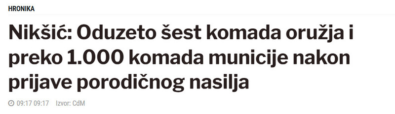 Montenegro-avmp/Niksic-Oduzeto-sest-komada-oruzja-i-preko-1.000-komada-municije-nakon-prijave-porodicnog-nasilja