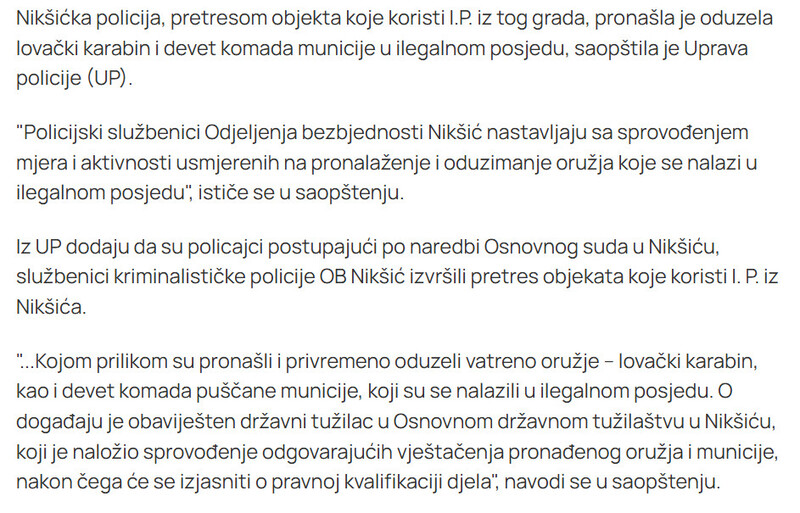 Montenegro-avmp/Niksic-Pretresom-pronadeni-i-oduzeti-lovacki-karabin-i-municija-bez-dozvole_1