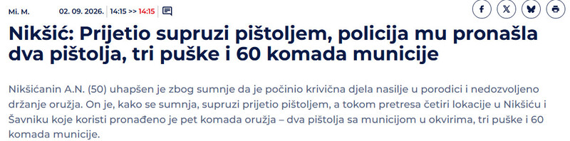 Montenegro-avmp/Niksic-Prijetio-supruzi-pistoljem-policija-mu-pronasla-dva-pistolja-tri-puske-i-60-komada-municije