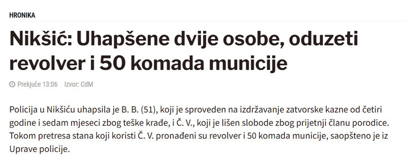 Montenegro-avmp/Niksic-Uhapsene-dvije-osobe-oduzeti-revolver-i-50-komada-municije