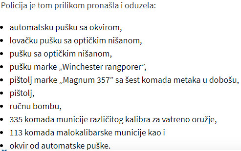 Montenegro-avmp/Niksic-policija-oduzela-vise-pusaka-i-pistolja-rucnu-bombu-municiju